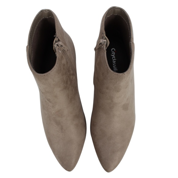 Clay Faux Suede Pointy Toe Low Stacked Heel Ankle Bootie - Picture 3 of 6